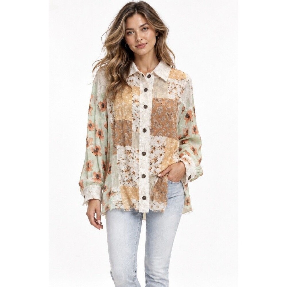 POL Patchwork Floral Lace Button Front Tunic Top Size M Boho Shabby Chic